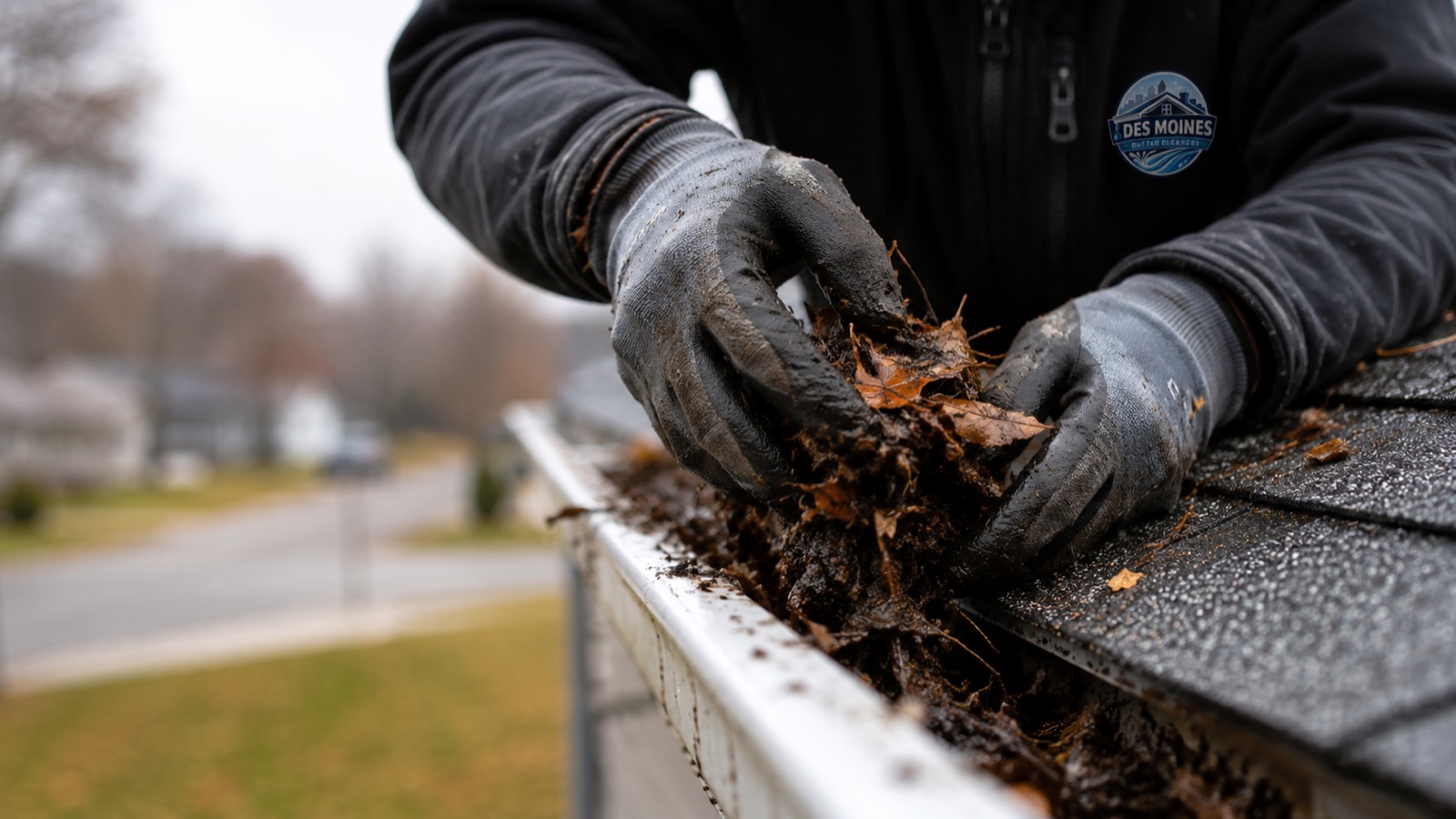 Close view of a clogged gutter packed with wet leaves and debris on a Des Moines area roof