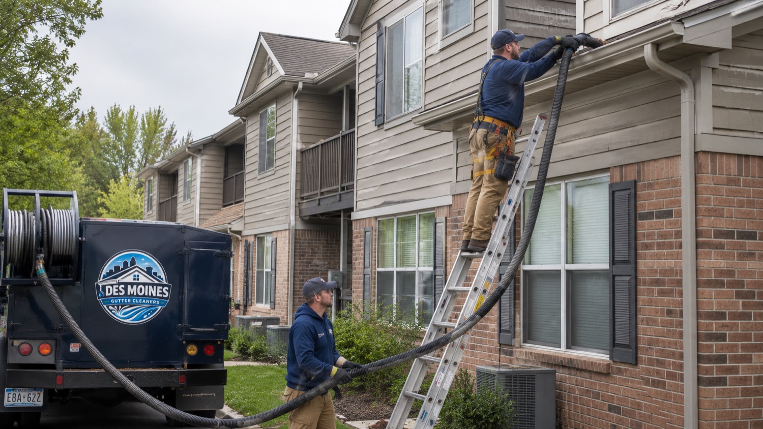 Two-technician crew vacuuming gutters at a Des Moines area apartment property with a truck-mounted system