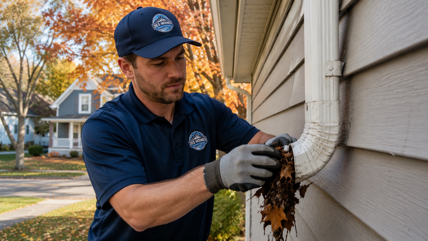 Technician clearing a packed downspout elbow at a Clive home along the Walnut Creek corridor