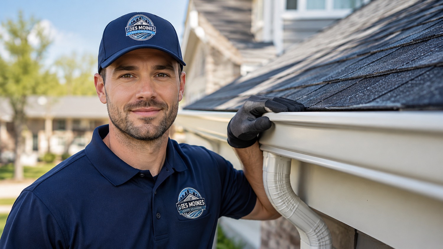 Des Moines Gutter Cleaners technician beside a clean, bright white gutter face on a metro home