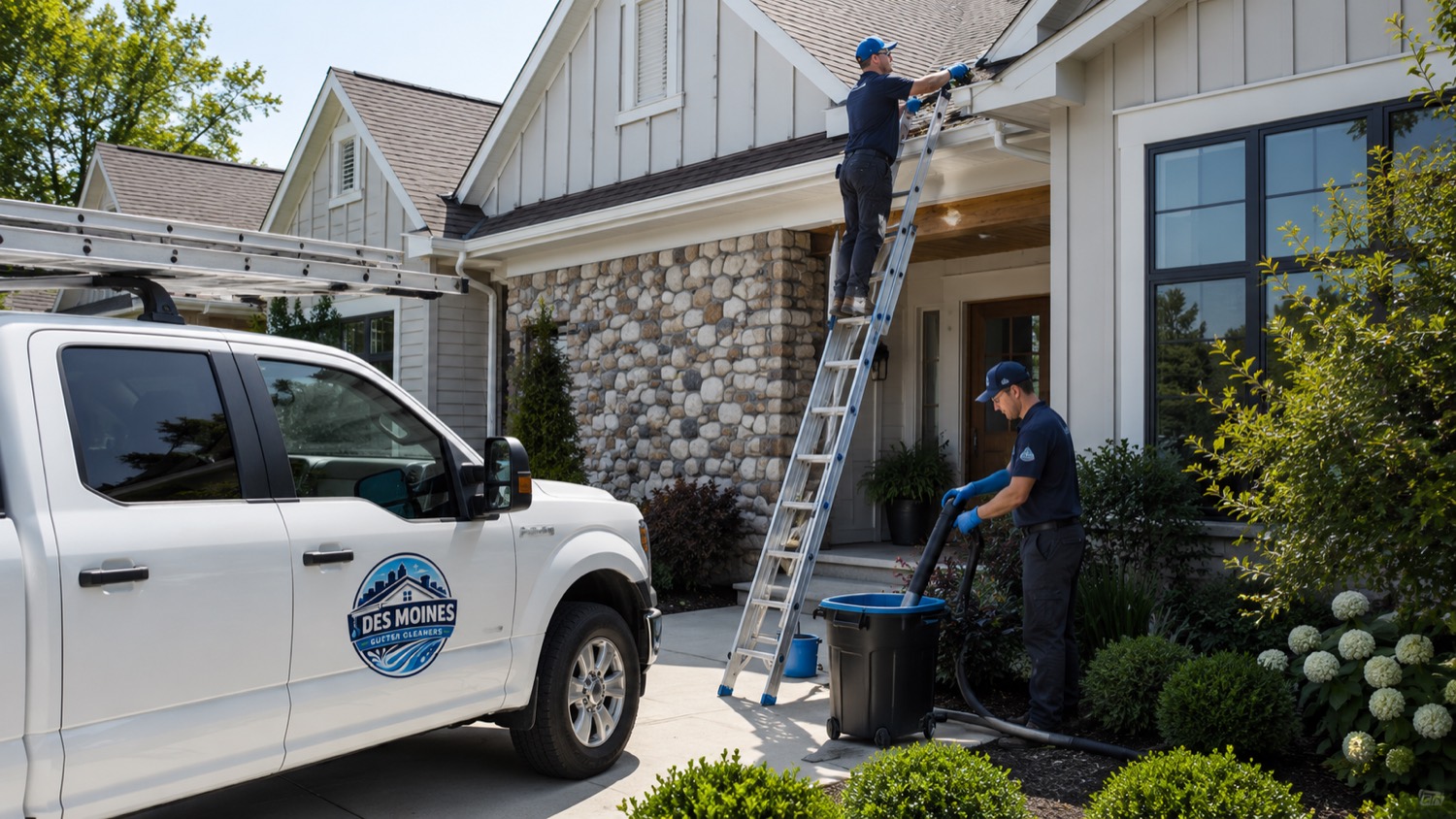 Des Moines Gutter Cleaners crew working a metro home with a branded truck in the driveway