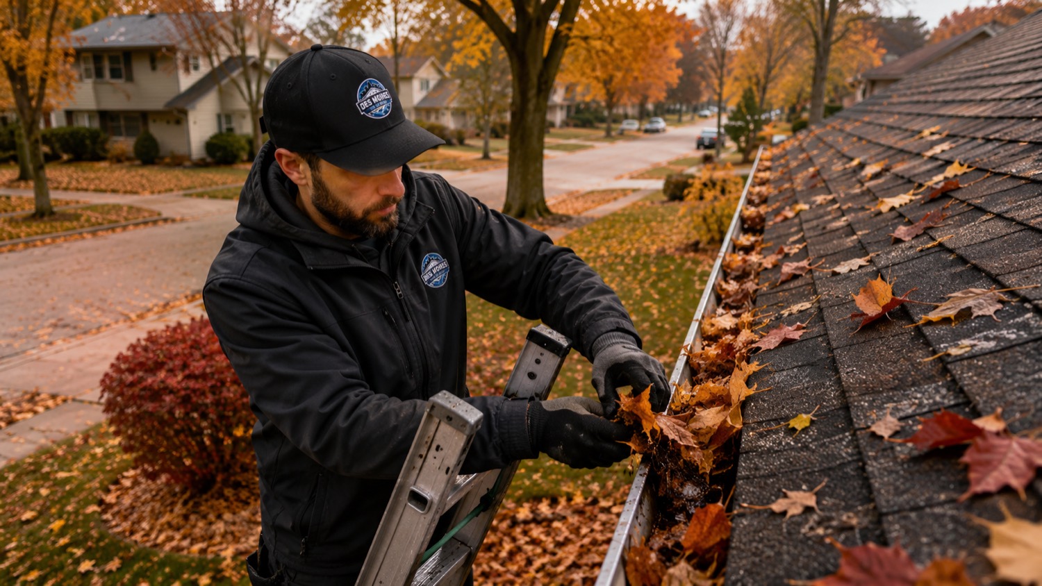 Gutter cleaning technician clearing packed autumn leaves from a roofline gutter on a tree-lined Des Moines street
