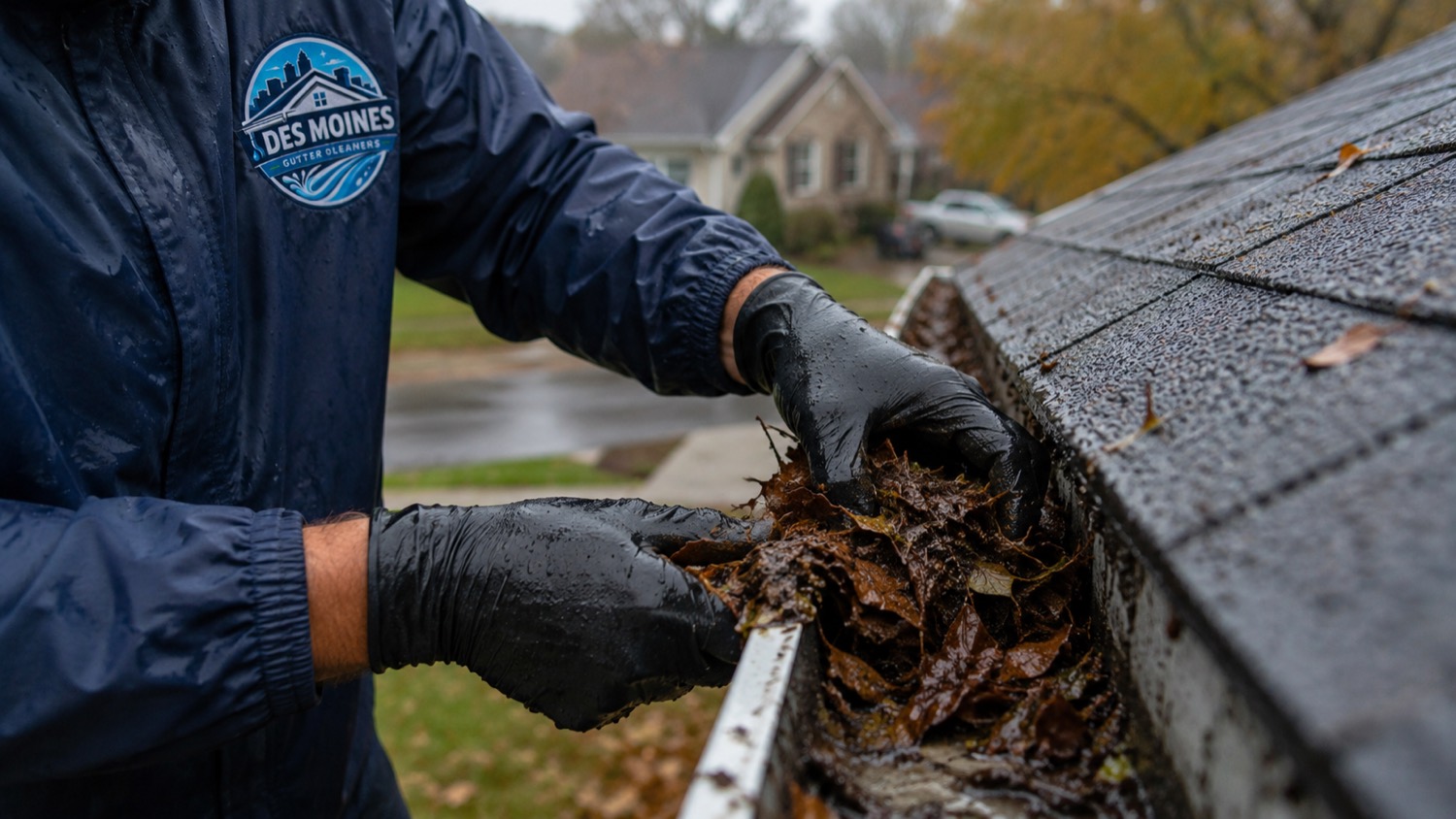Gutter cleaning technician hand-clearing wet packed leaves from a gutter on a Des Moines area home