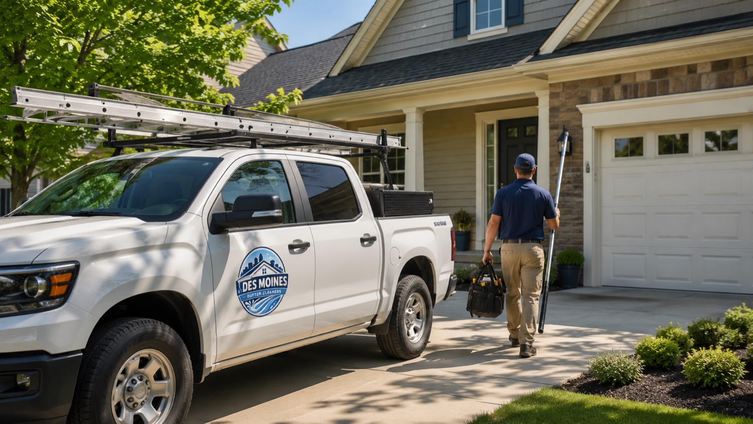 Gutter cleaning technician arriving at a newer Polk City home with a ladder-rack truck and pole tool