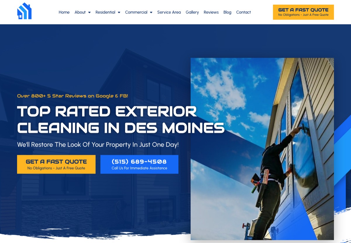 CJ's Window Cleaning Services homepage showing exterior cleaning services in Des Moines