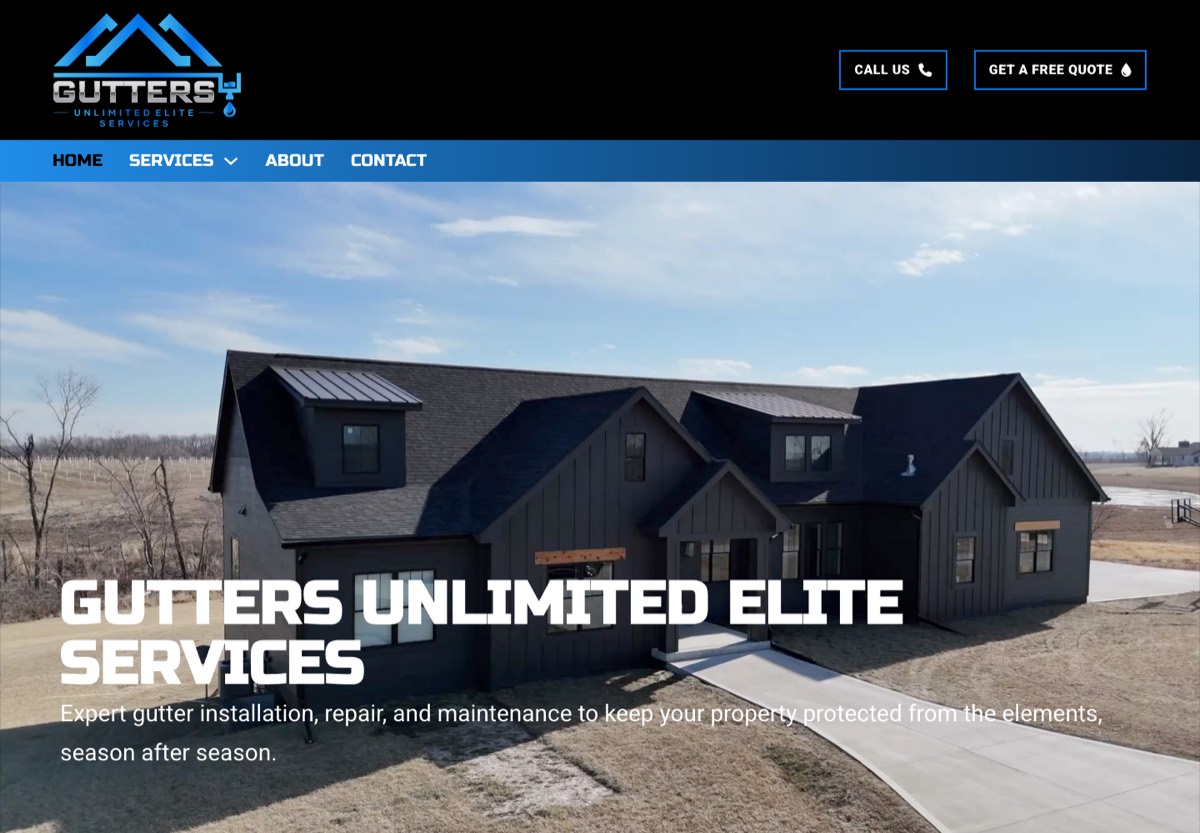 Gutters Unlimited Elite Services homepage highlighting gutter installation and repair in Iowa